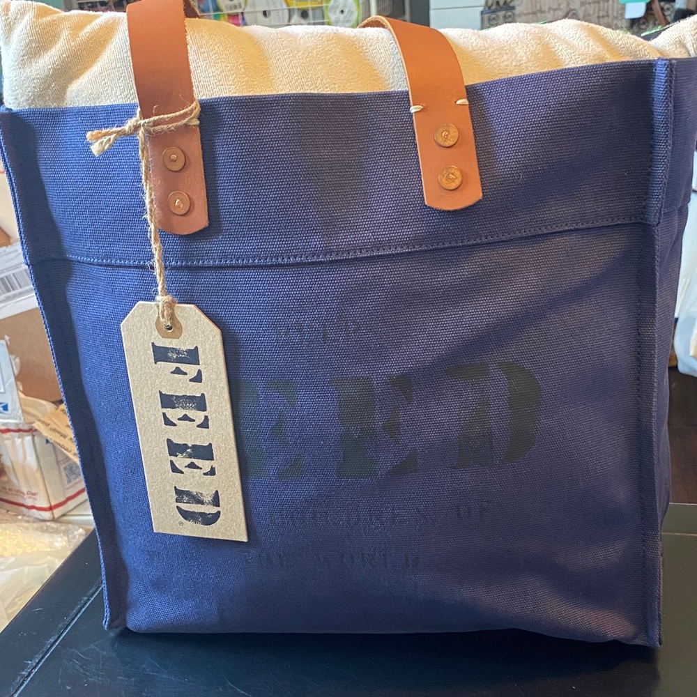NWT FEED Blue Canvas Tote With Tan Leather Straps
